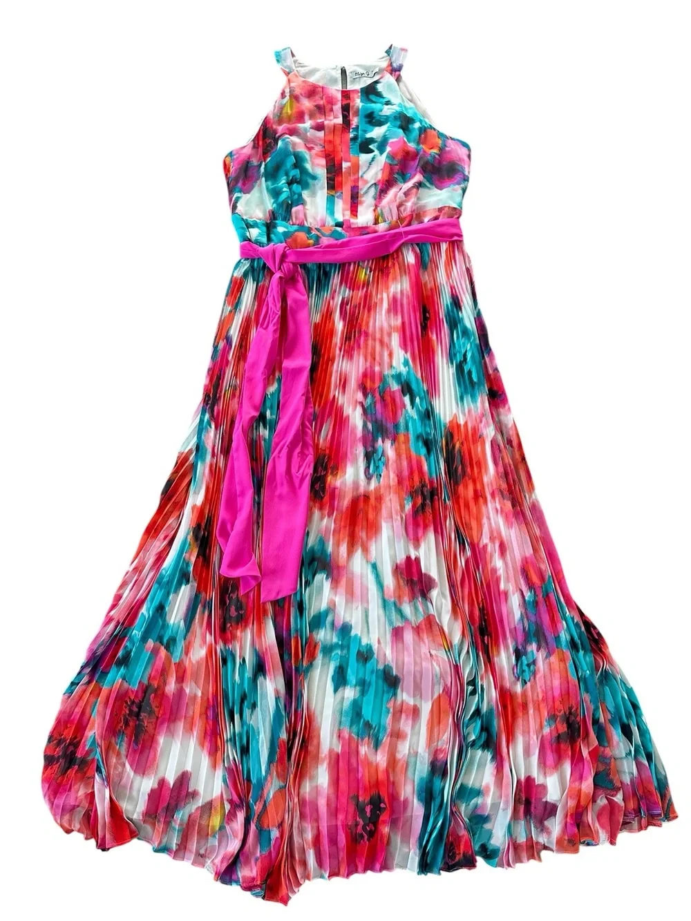 Eliza J Watercolor Floral Pleated Maxi Dress Pink Sash Halter 16W Plus - Picture 2 of 16